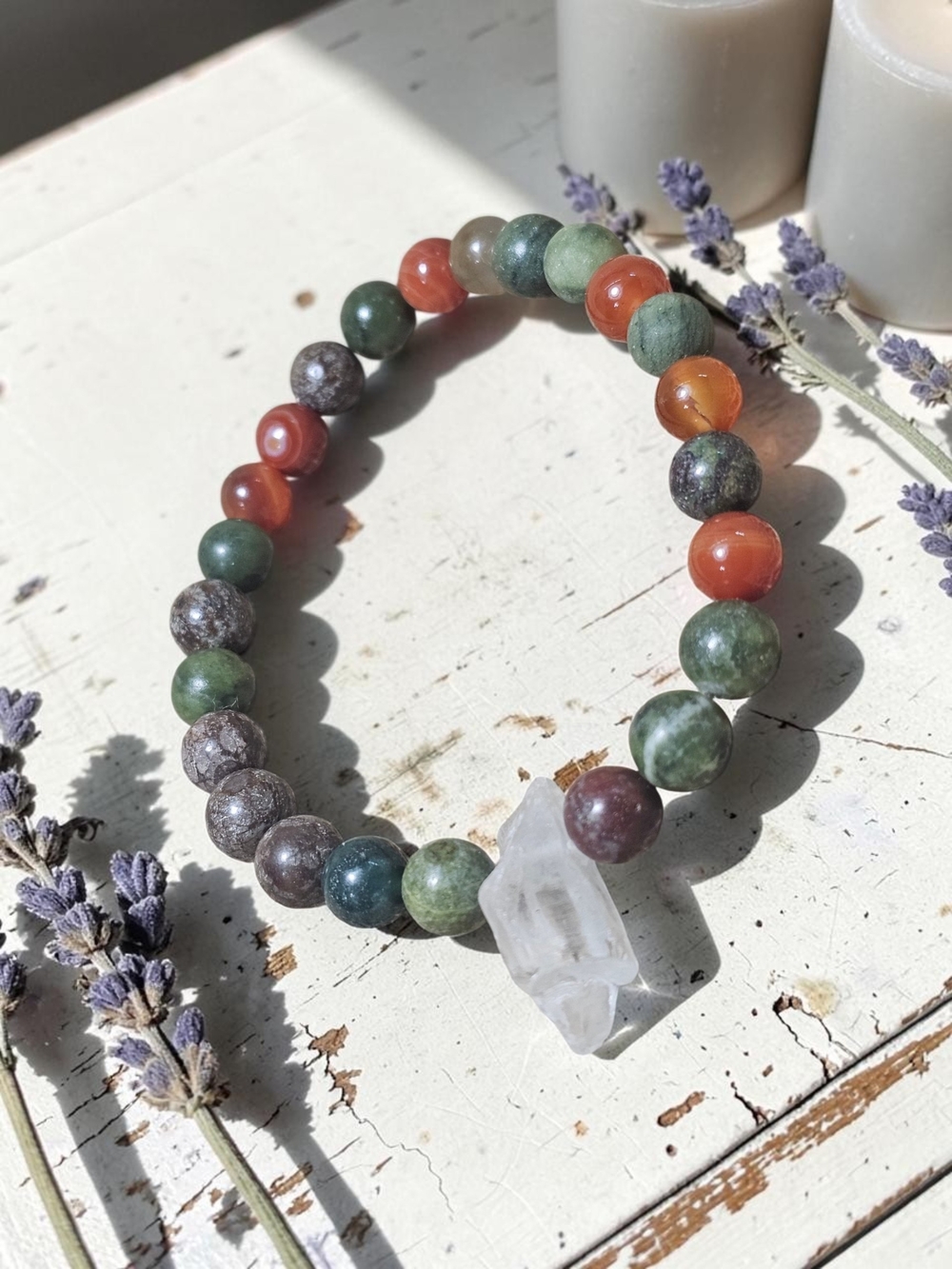 Handcrafted Green & Orange Beaded Bracelet with Clear Quartz Accent